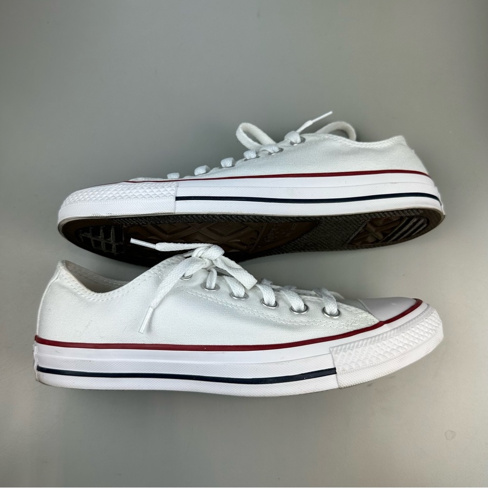 Converse White Low Top Canvas Sneakers with Red and Black Stripes - Picture 8 of 12